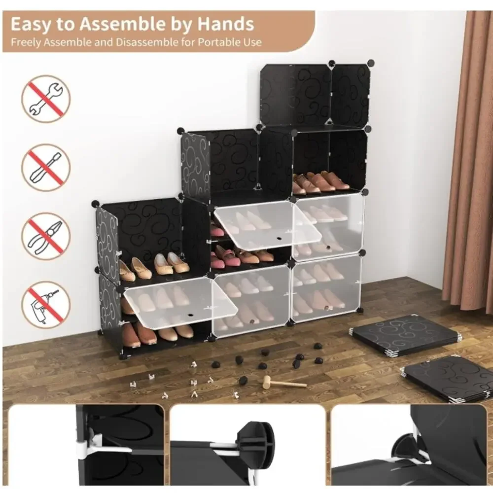 ROJASOP 8-Tier Shoe Cabinet 48-Pair Organizer Stackable Black Open Box